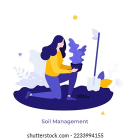 Woman holding flower above pit and shovel. Concept of soil fertilization, plant cultivation, agriculture, farming or husbandry, caring of garden vegetation. Modern flat vector illustration for poster.