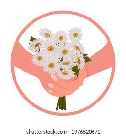 Woman holding a flower bouquet with daisies. Vector illustration on a white isolated background.For decoration greeting card, logo, icon,hygiene products.