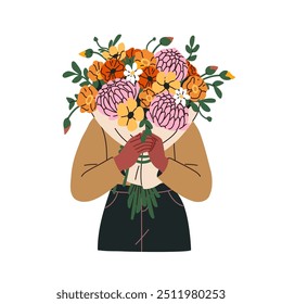 Woman holding flower bouquet, delicate summer blooms. Girl with blossom bunch, gift, hiding face behind gorgeous floral bunch, garden blooms. Flat vector illustration isolated on white background