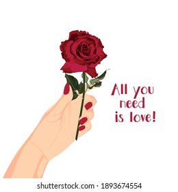 Woman holding a flower bouquet. Greeting card. Beauty, fashion, gift, love concept. Happy Valentine's Day. Hand with red roses.