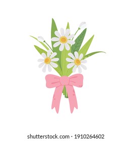 Woman holding a flower bouquet. Vector illustration, greeting card.
