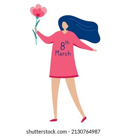 Woman holding a flower. International Women's Day, March 8. Happy cute girl with spring tulip isolated on a white background. Greeting card in flat cartoon style. Hand drawn vector illustration.