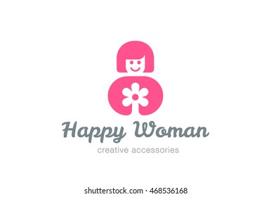Woman holding Flower Logo design vector template Negative space style.
Happy Woman Logotype concept.