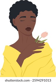 Woman holding flower for lovely one. Surprise for valentines day illustration. Happy Mother's Day 