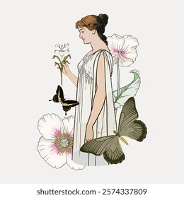 Woman holding flower, vintage art nouveau illustration, isolated vector element. Woman portrait vector. Vintage woman art drawing illustration, woman lady female portrait old painting art print.