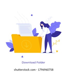 Woman holding folder with document. Concept of file download, data storage, cloud computing service, digital information organization. Modern flat colorful vector illustration for poster, banner.