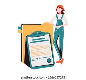 Mujer sosteniendo carpeta con documento. Concepto de descarga de archivos, almacenamiento de datos, servicio de computación en nube, organización de información digital. Ilustración vectorial moderna de color plano para afiches, banner.