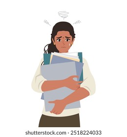 Woman holding folder and document papers, she busy and work hard. Flat vector Character illustration