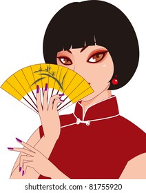 A woman holding a folding fan