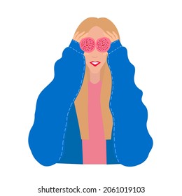 Woman holding donutы in font of he eyes. Fashion woman illustration.