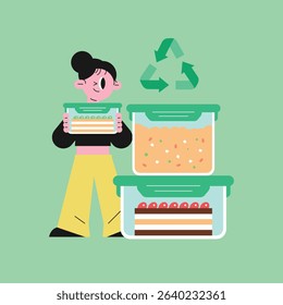 Woman Holding Food Containers with Recycling Symbol Zero Waste Campaign Food Packaging in Plastic