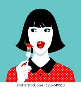 Woman holding fork with hot pepper sticking out her tongue