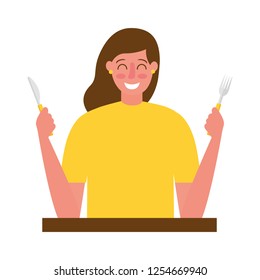 5,202 Woman holding fork and knife Images, Stock Photos & Vectors ...