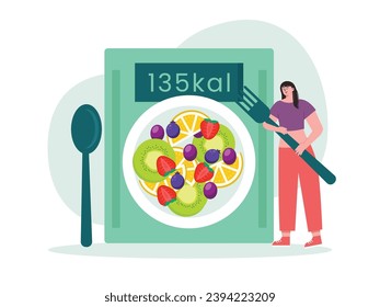 Woman holding a fork weighing fruits on a plate, keeping slim by eating healthy food. Character design. Vector flat illustration