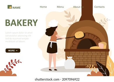 Frauen, die frisch Laibbrot auf Spatel halten. Küchenchef Backwaren im traditionellen Ofen. Der Bäcker bereitet verschiedene Brotsorten zu. Sortiment Bakeshop. Bäckerei, Landing Page Template. Vektorgrafik