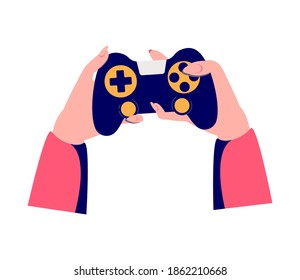 Woman Holding Gamepad. Female Hands with Joystick Console. Video Game. Vector illustration