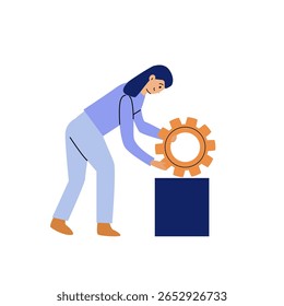 Mulher segurando equipamentos. Ilustração de vetor plano simbolizando processo, configuração, trabalho em equipe, tecnologia, configuração do sistema ou desenvolvimento de negócios.