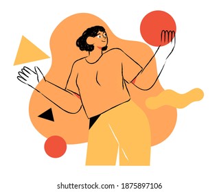 woman holding geometric shapes in her hands. Female character for ui, ux or web design. Modern contemporary character. Business metaphore. Concept of choice or building using abstract elements.