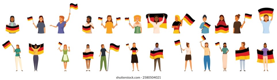  Woman holding germany flag icons set. Group of diverse german citizens waving flags celebrating german unity day or other national holiday