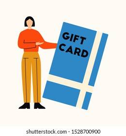 Woman holding giant gift card. Gift card concept. Flat vector illustration