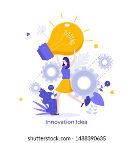 Woman holding giant glowing electric light bulb. Concept of innovative idea, innovation, breakthrough technology, modern thinking. Vector illustration in flat style for banner, poster, advertisement.