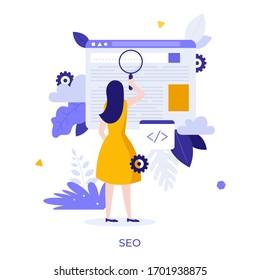 Woman holding giant magnifier or loupe. Concept of SEO or search engine optimization, optimizing website through HTML code modifying, online marketing strategy. Modern flat vector illustration.