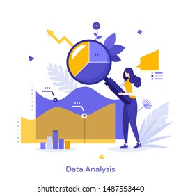 Woman holding giant magnifying glass and analyzing statistical information represented by charts, graphs and diagrams. Big data analysis process. Vector illustration in flat style for poster, banner.