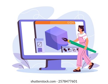 Woman holding a giant pen in front of a computer monitor showing 3D modeling software, flat style, abstract background. Concept of graphic design. Vector illustration