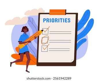 Woman holding a giant pencil next to a clipboard with a Priorities checklist. Vibrant background with leaves and clouds, symbolizing organization and planning. Flat cartoon vector illustration