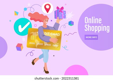 woman holding a gift box and big credit card. Earn loyalty program points and get online reward and gifts. flat design vector illustration.