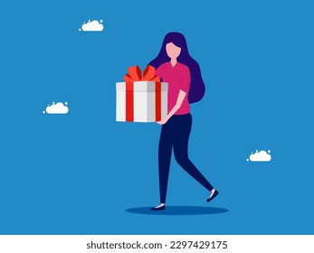 Woman holding a gift box. The concept of rewards at work. vector 