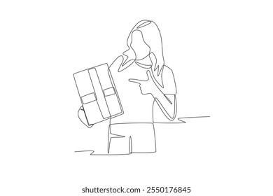 Woman holding gift box. Gift box concept one-line drawing