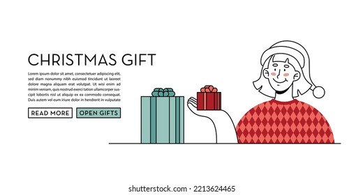 Woman holding Gift Box. Creative banner, web page, social media post. Vector illustration in outline flat style