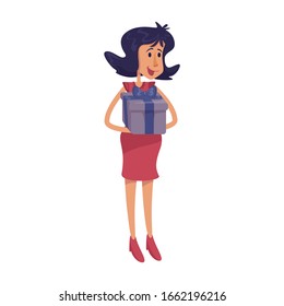 Woman holding gift box flat cartoon vector illustration. Lady with festive present, holiday surprise. Ready to use 2d character template for commercial, animation, printing design. Isolated comic hero
