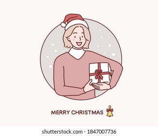 A woman holding a gift box, a happy man wearing, christmas hat. Hand drawn style vector design illustrations.