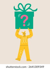 Woman holding gift box with a question mark. Colorful vector illustration
