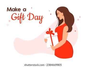 Woman holding a gift box with red bow. Woman with present. Festive concept. Valentines day. Woman's day. Cute design with copy space for greeting card, banner, advertisement, business presentation etc