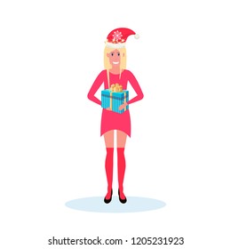 woman holding gift box wearing red dress hat happy new year merry christmas concept flat female cartoon character isolated full length vector illustration