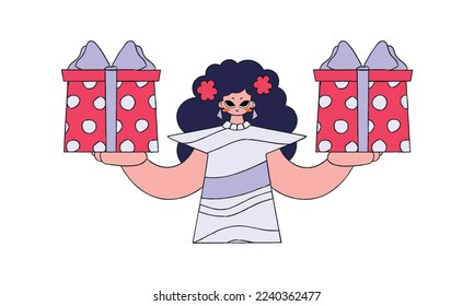 A woman is holding gift boxes. The concept of the holiday and gifts. Bright character in the style of the 90s.
