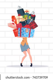 Woman Holding Gift Boxes Stack Over White Brick Wall Background Holiday Presents Concept Vector Illustration