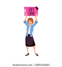 Woman holding gift card, cartoon flat vector illustration isolated on white background. Concept of shopping. Gift shop advertisement.