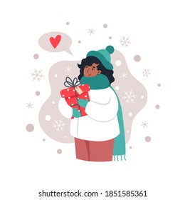 Woman holding a gift and catches snowflakes with her hand. Vector illustration