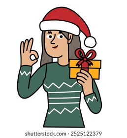 Woman holding a gift in his hand and gesturing that everything is fine