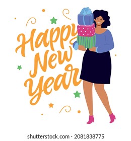 woman holding gift illustration. happy new year greeting card vector 