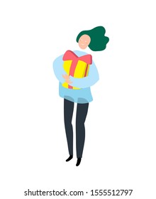 Woman holding a giftbox. Flat illustration - celebration a holiday. Cartoon vector isolated on white background.