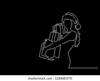 Woman holding gifts isolated line drawing, vector illustration design.