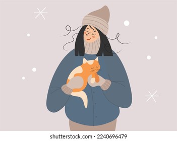 A woman is holding a ginger kitten outdoors. The girl loves her funny cat and takes care of him. Winter, snow, love for animals. Modern vector illustration in a flat style on a beige background.