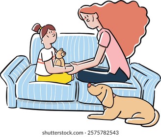 Woman holding a girl's hands on a couch, listening.