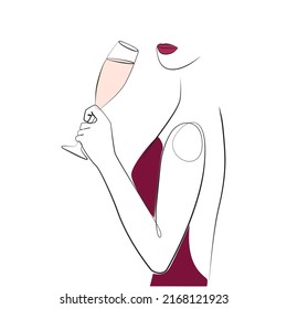 Woman holding a glass of champagne line art on white isolated background
