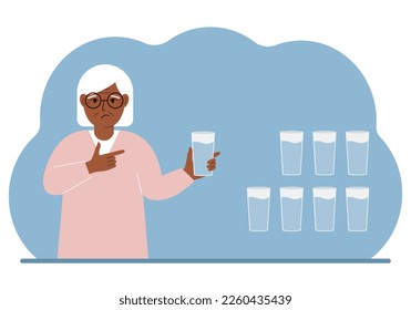 The woman is holding a glass of water. Water balance infographic. 8 glasses of water every day. Healthy lifestyle. Vector flat illustration.